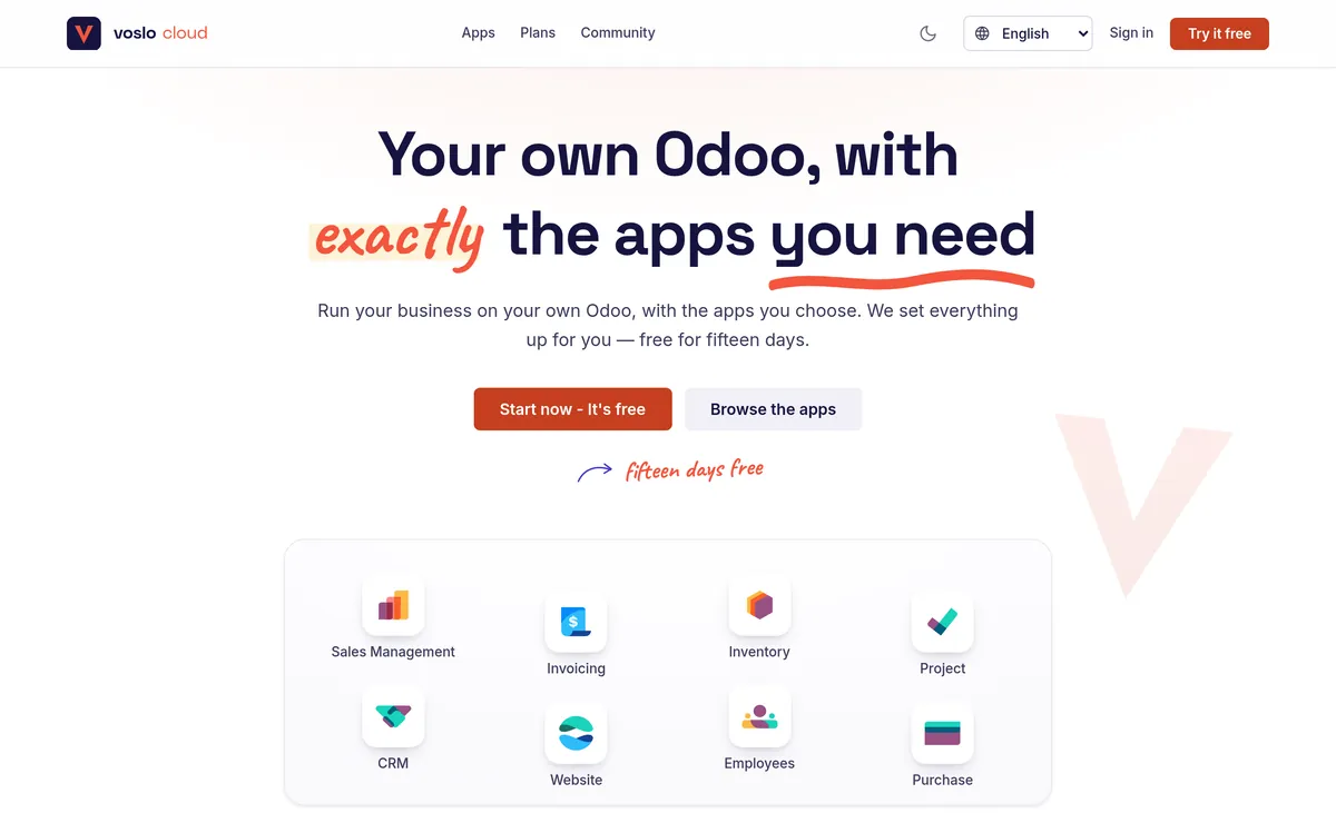 voslo cloud panel: the screen where you pick Odoo apps and launch your own Odoo server