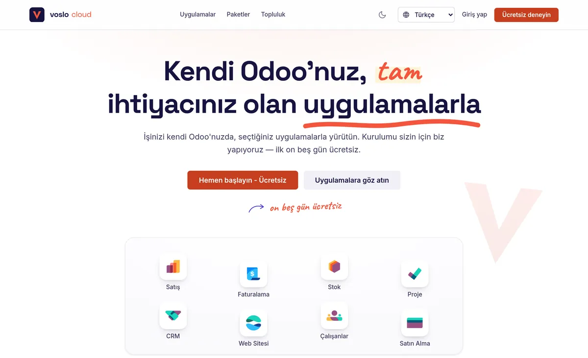 voslo cloud paneli: Odoo uygulamalarını seçip kendi Odoo sunucunuzu başlattığınız ekran